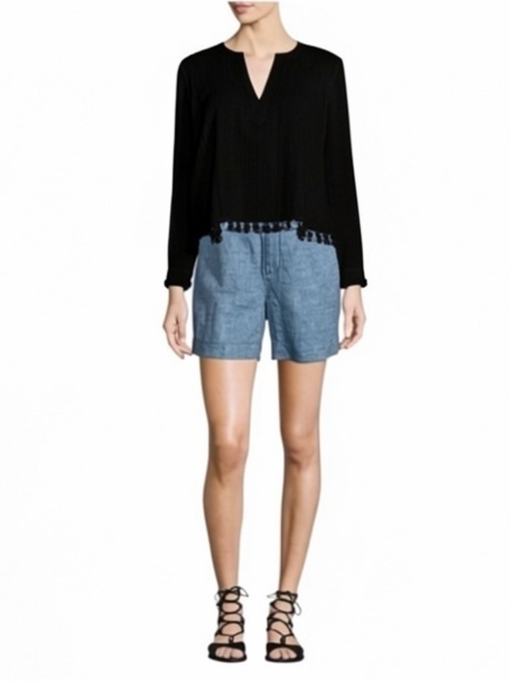 10 Crosby Derek Lam Pintuck Tassel Trim Top in BLACK Size 6